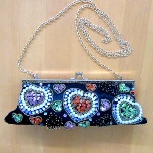 Black satin beaded hearts evening handbag clutch